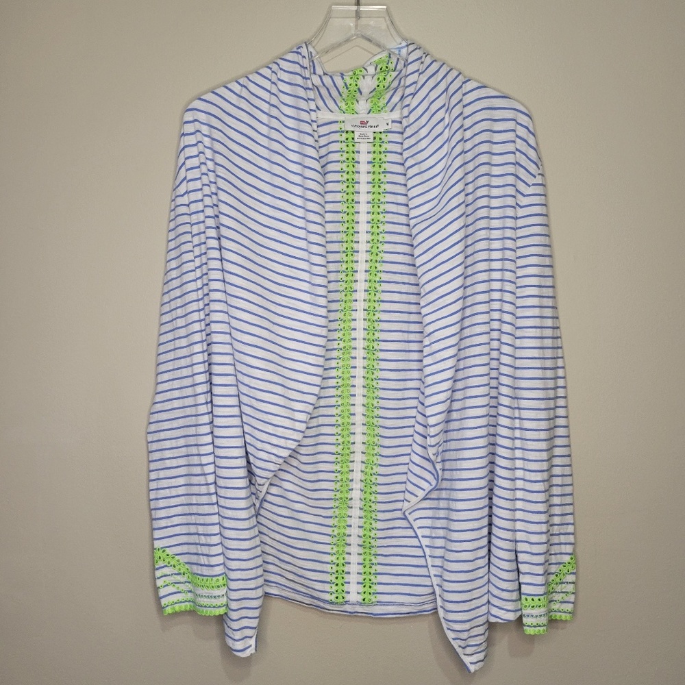 Vineyard Vines Eastern Stripe Waterfall Cardigan Blue Stripes Green Eyelets Sz M